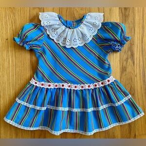 Vintage 80s Toddler Dress *3T* ROANNA Blue Rainbow Stripe Cotton Blend Dress